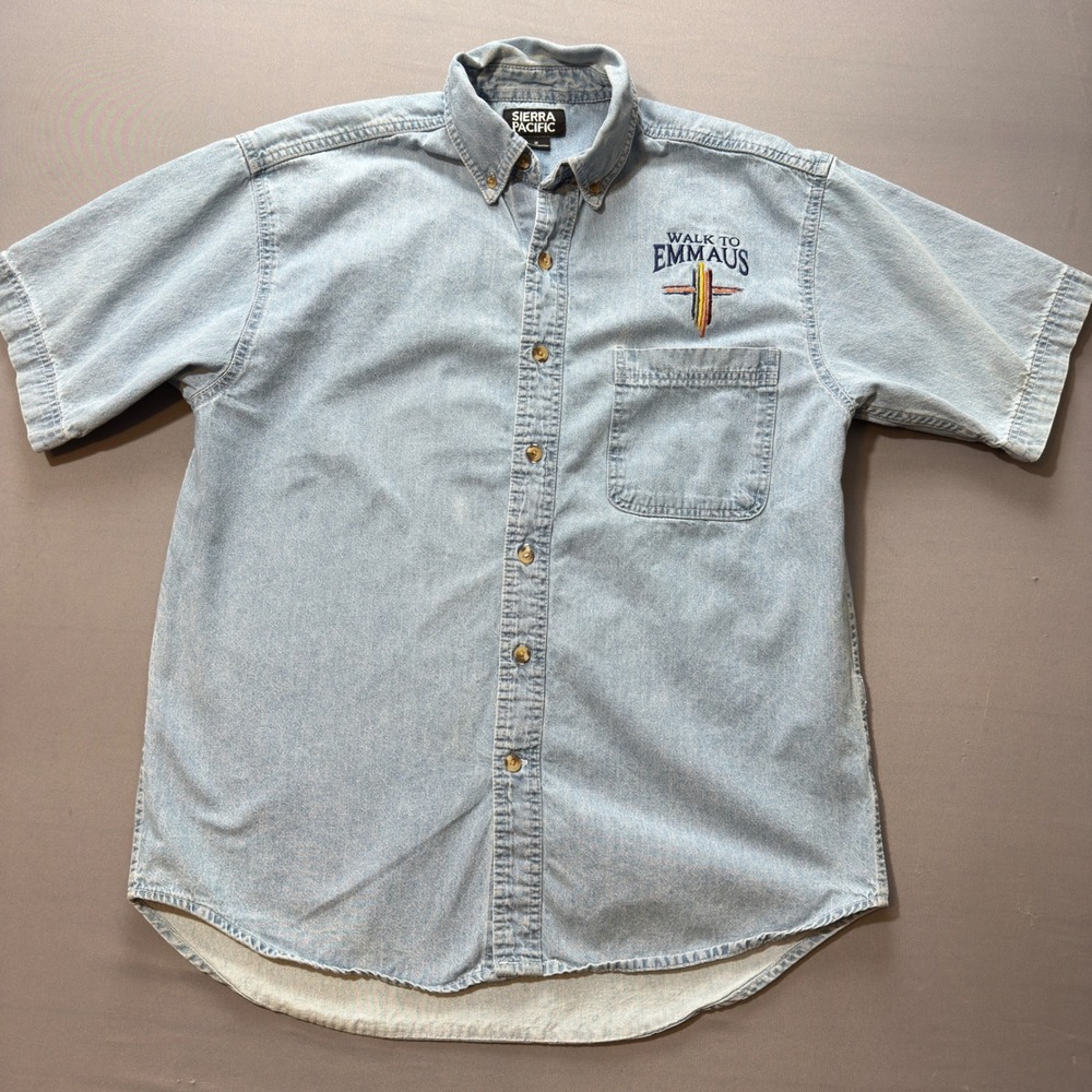Sierra Pacific Walk to Emmaus Button‎ Down Shirt Mens Medium Blue